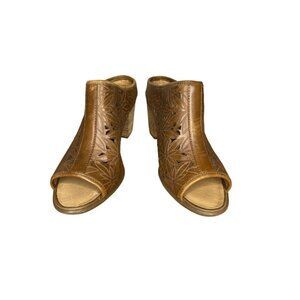 Josef Seibel Leather Open Toe Mules Size 37/6 Floral Cutout Design Stacked Heel